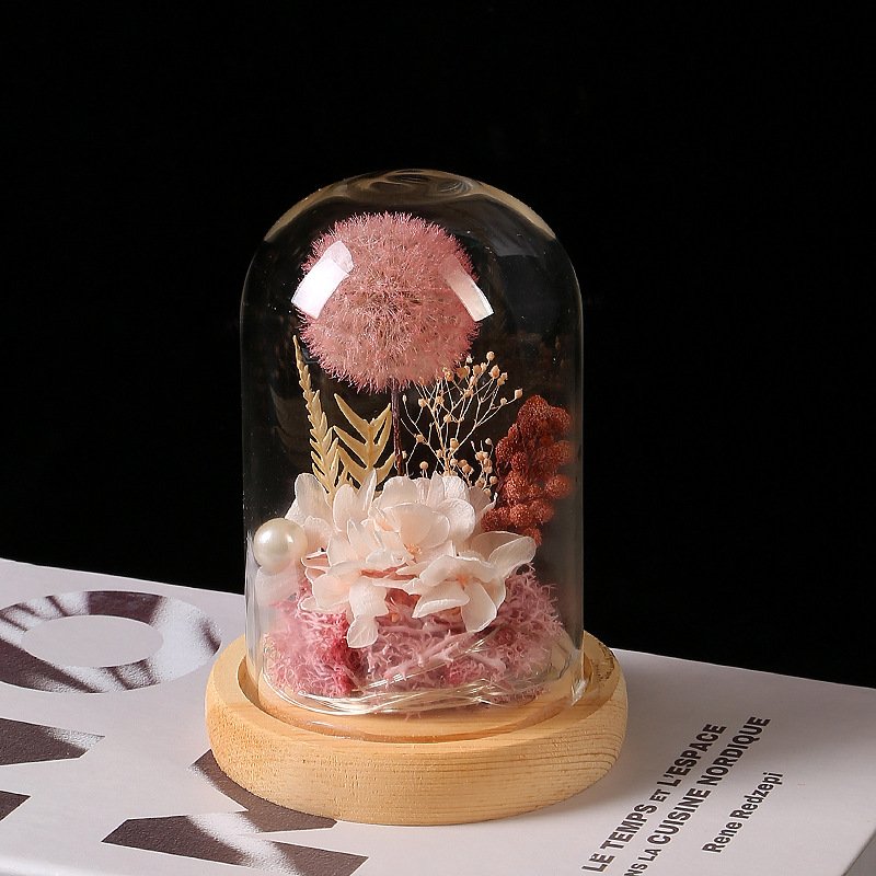 Sweetie Summer Gift Dried Dandelion Ball Preserved In Glass With Everlasting Rose Flower Preserved