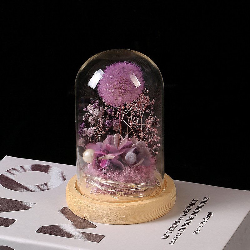 Sweetie Summer Gift Dried Dandelion Ball Preserved In Glass With Everlasting Rose Flower Preserved