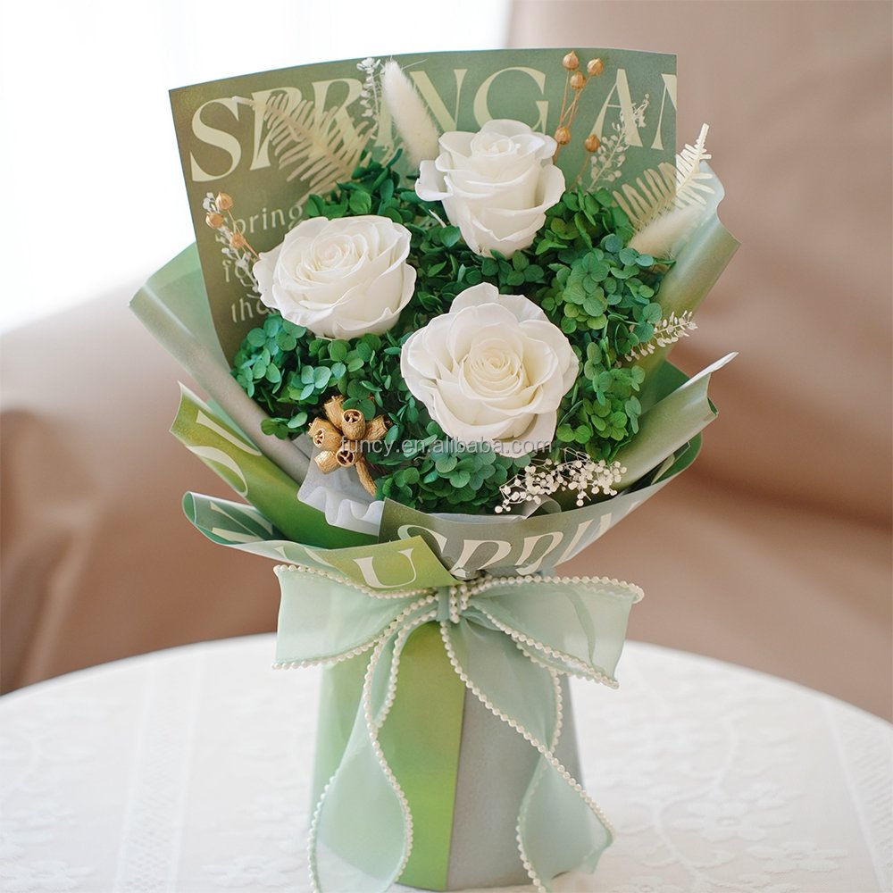 Best Seller Last 3 Years Handmade Real Natural Green Dried bouquet Eternal Bouquet Rose Preserved Flowers For Mother's Day Gift