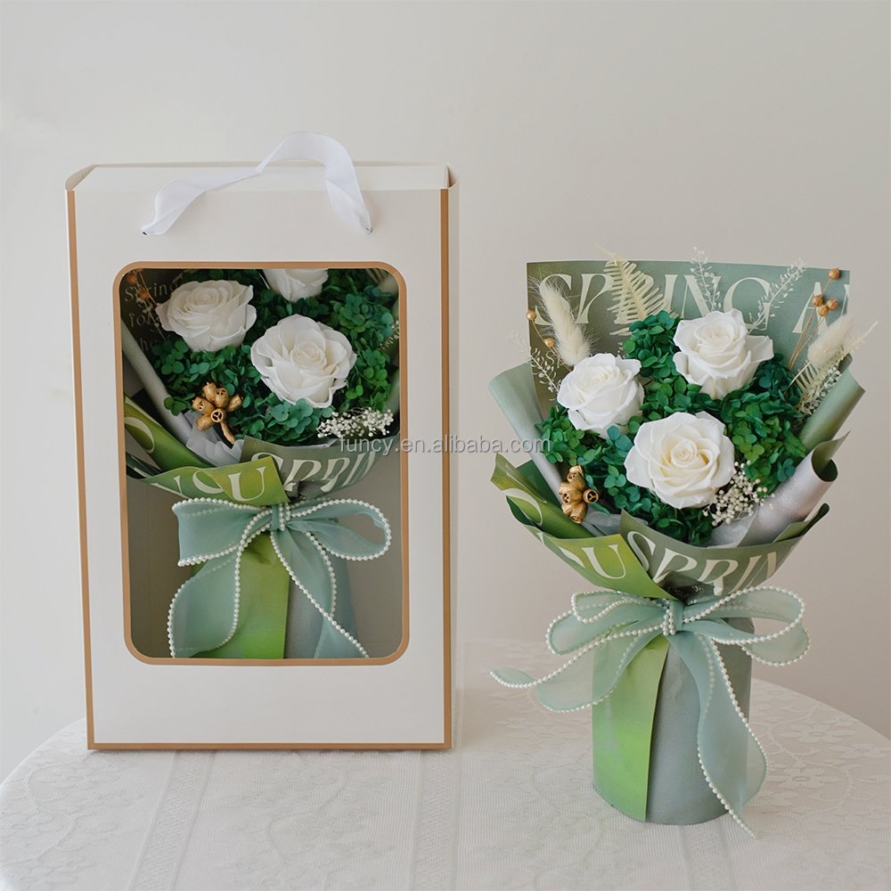Best Seller Last 3 Years Handmade Real Natural Green Dried bouquet Eternal Bouquet Rose Preserved Flowers For Mother's Day Gift