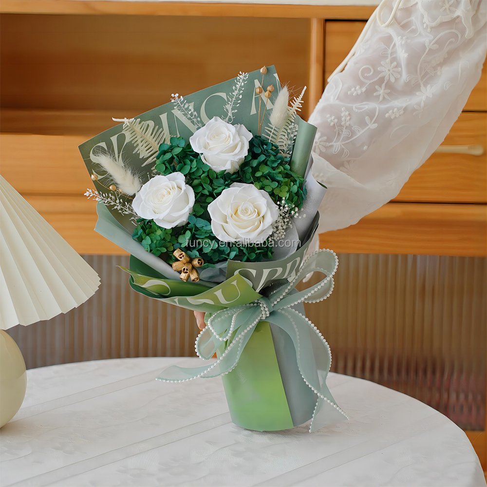 Best Seller Last 3 Years Handmade Real Natural Green Dried bouquet Eternal Bouquet Rose Preserved Flowers For Mother's Day Gift