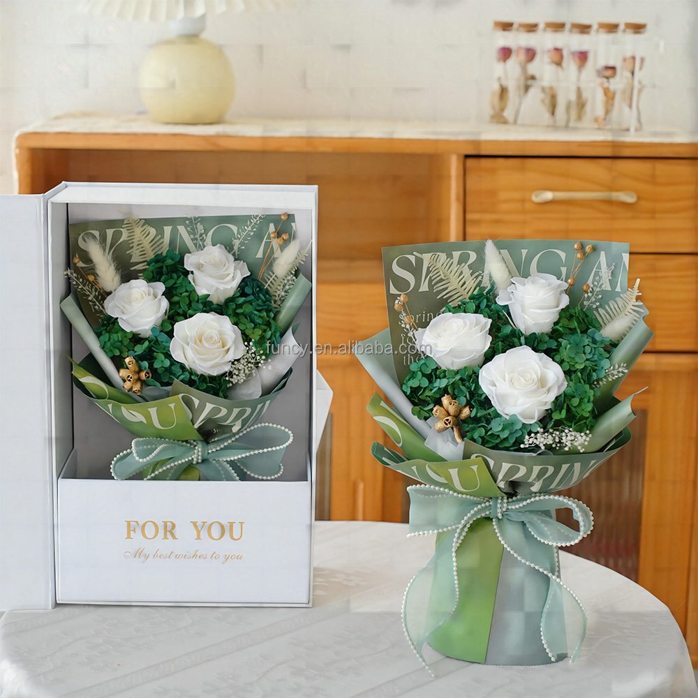 Best Seller Last 3 Years Handmade Real Natural Green Dried bouquet Eternal Bouquet Rose Preserved Flowers For Mother's Day Gift