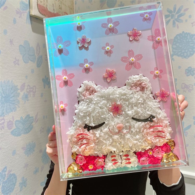 Wholesale Handmade Cute Cat Dried Hydrangea Photo Frames Wall Decorative Dried Flower Picture Frames