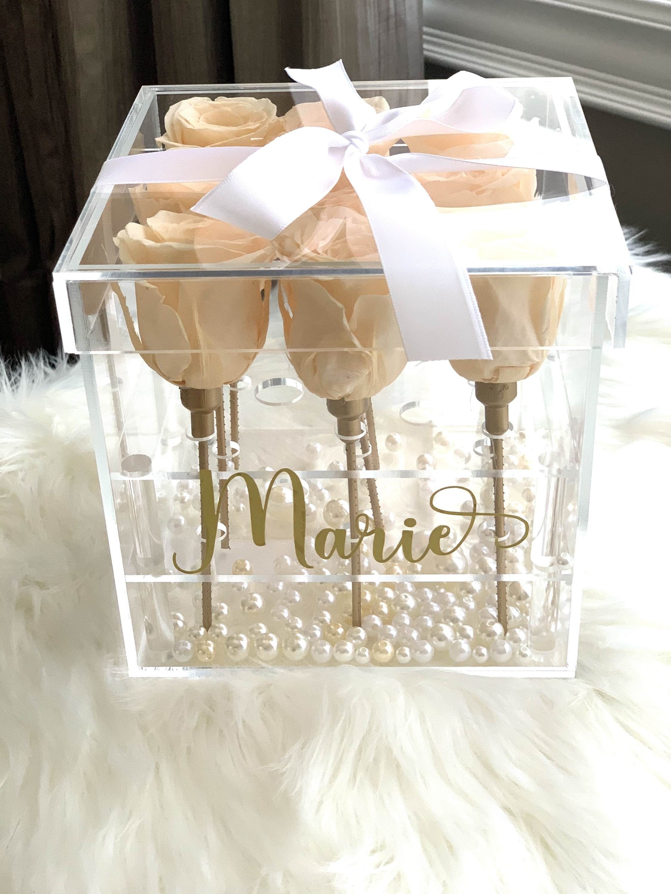 YYZ Wholesale Small Moq Luxury Acrylic Flower Rose Cylinder Clear Box Heart Velvet Packaging Gift Square Boxes Eternal Flower