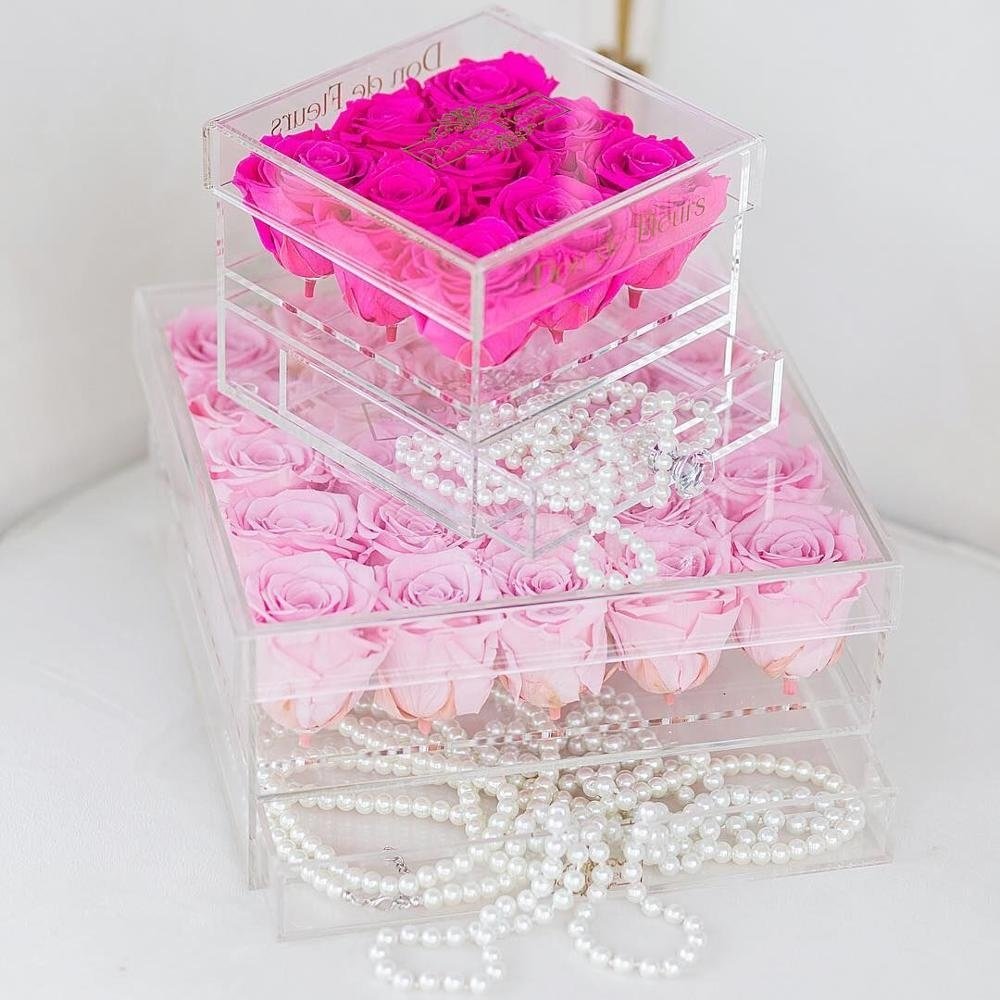 YYZ Wholesale Small Moq Luxury Acrylic Flower Rose Cylinder Clear Box Heart Velvet Packaging Gift Square Boxes Eternal Flower