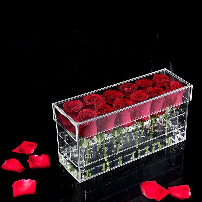 YYZ Wholesale Small Moq Luxury Acrylic Flower Rose Cylinder Clear Box Heart Velvet Packaging Gift Square Boxes Eternal Flower