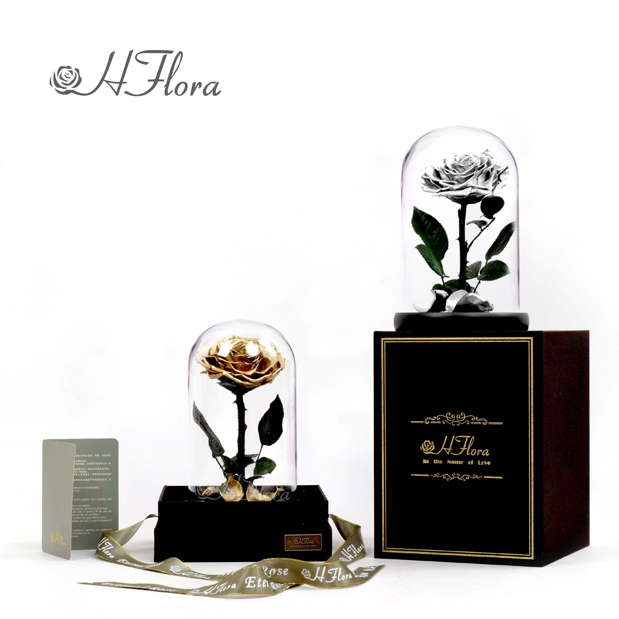 7.9 Inch tall wholesale Forever Eternal Preserved long stem natural Rose in delicate Glass Dome for Valentine