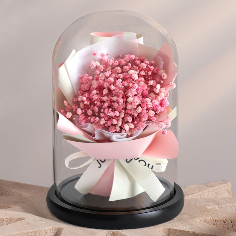 YX High Quality LED Light Decorated Preserved Roses in Glass Dome Mother's Day and Father's Day Gifts in Box Packaging