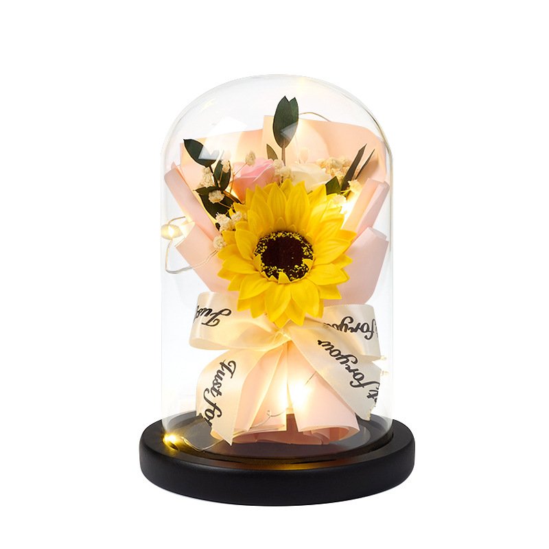 YX High Quality LED Light Decorated Preserved Roses in Glass Dome Mother's Day and Father's Day Gifts in Box Packaging