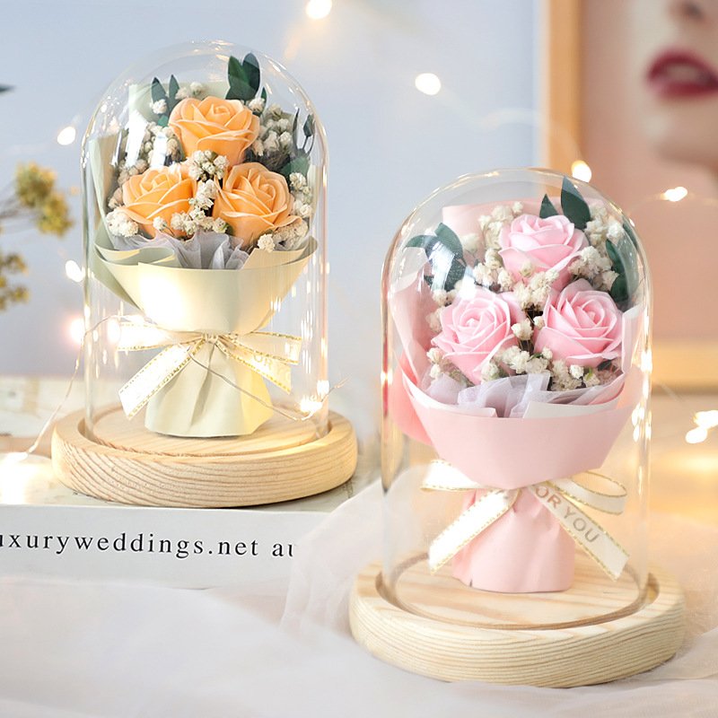 2024 Christmas Day Gift Eternal Flower Roses Dried Flower Rose Bundle Glass Cover Gift Box Mother's Day Birthday Gift