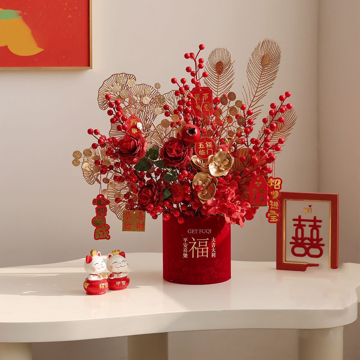 2025 Chinese Lunar Spring Festival Decoration Flower Artificial Red Holly Ball For Vietnamese New Year's Day With Red Lantern