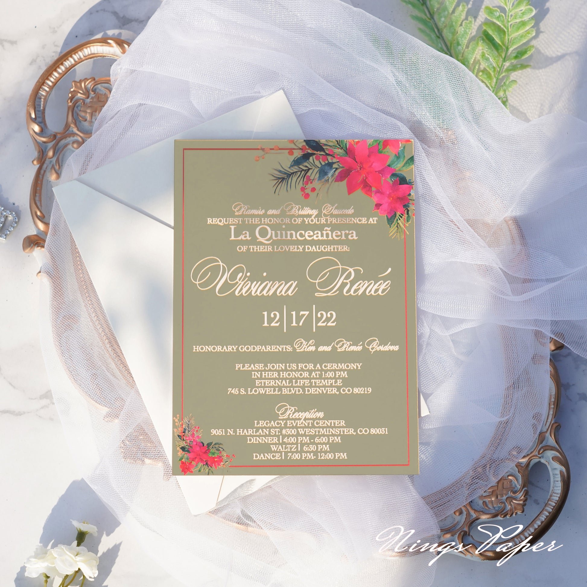 Luxury elegant with ribbon credit mirror custom wax label with dried flower brown envelope acrylic engagement invitation
