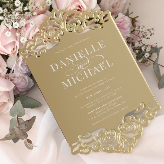Luxury elegant with ribbon credit mirror custom wax label with dried flower brown envelope acrylic engagement invitation