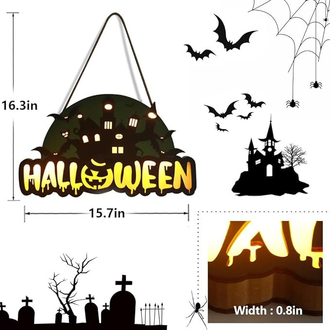Wooden UV Printed Will Light Up Halloween Home Decor Wreath Scary Castle Front Door Hanging Wreath Halloween Party Supplies