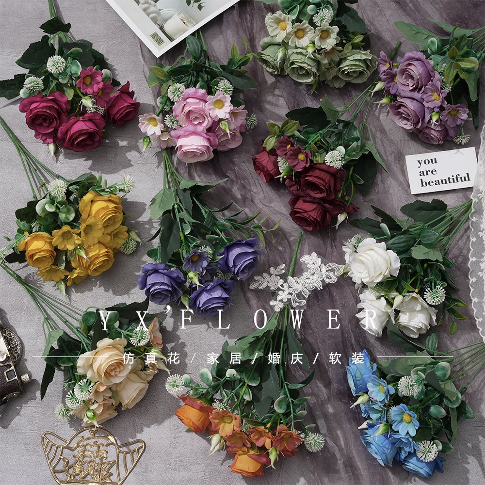 Rose combination small bunch rose rose vintage interior beauty Chen decoration silk flower hotel photography simulation flower