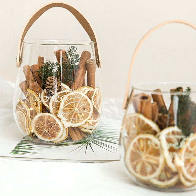 Multiple Scented Dried Plants Cinnamon Lemon Pine Cone Glass Vase