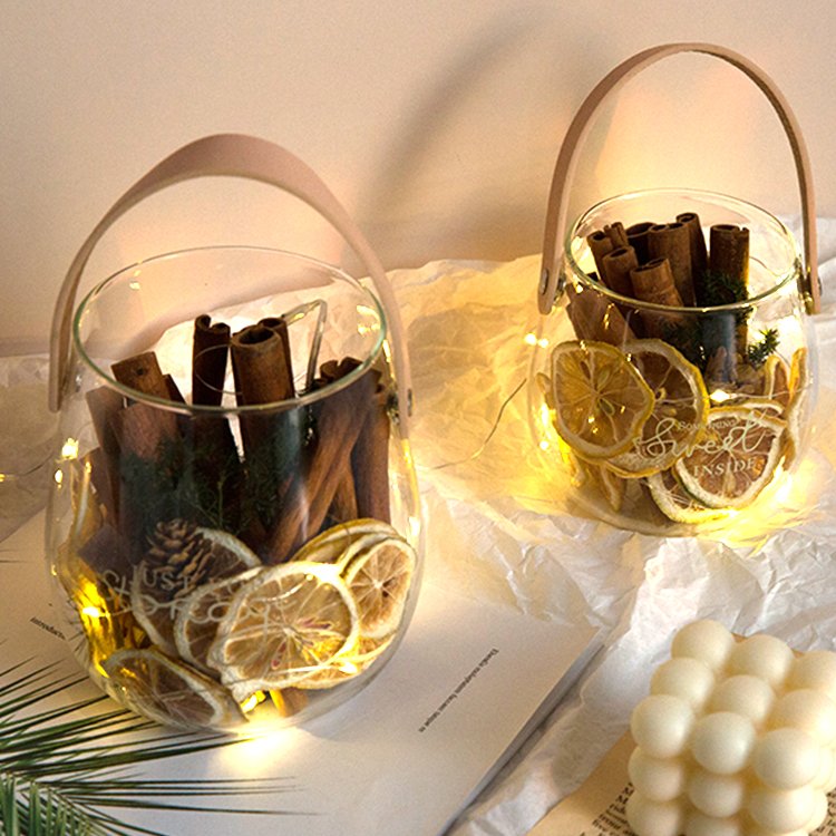 Multiple Scented Dried Plants Cinnamon Lemon Pine Cone Glass Vase