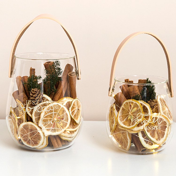 Multiple Scented Dried Plants Cinnamon Lemon Pine Cone Glass Vase