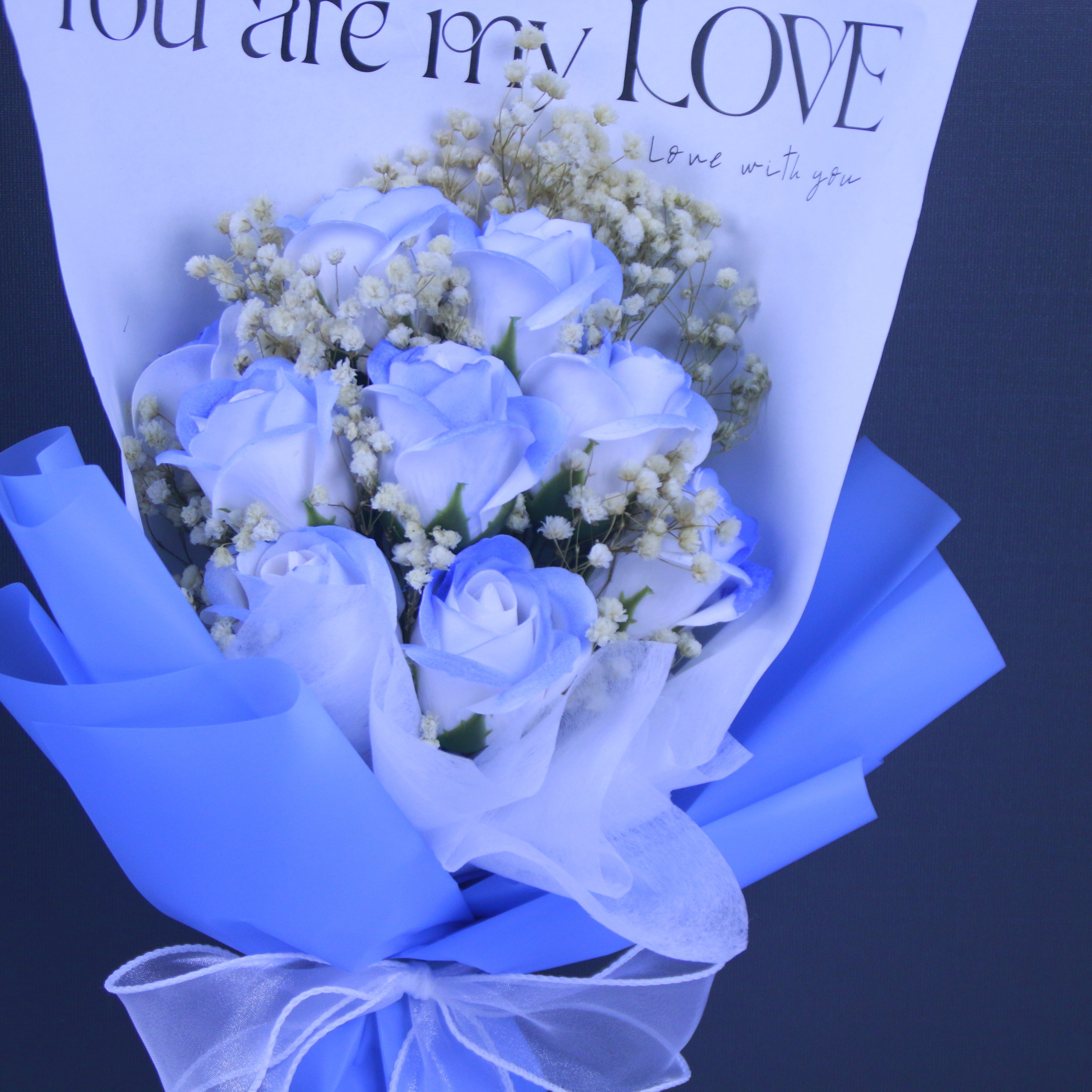 YX Valentine Mother's Day Soap Bouquet with Artificial Broken Ice Blue Gypsophila and Rose Bouquet for Graduation Thanksgiving