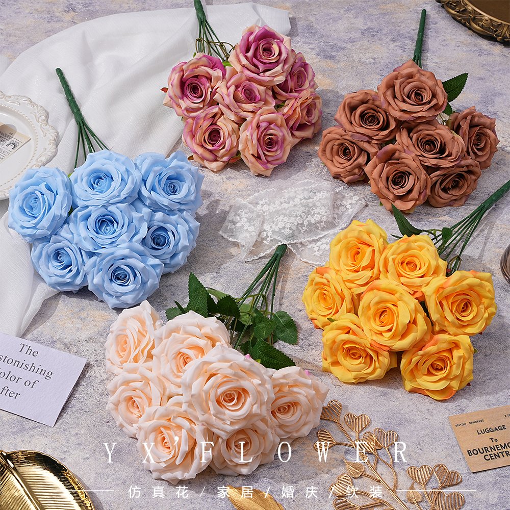 New wedding silk flower 7 roses bunched flannel horn rose wedding materials cross-border trade shooting props