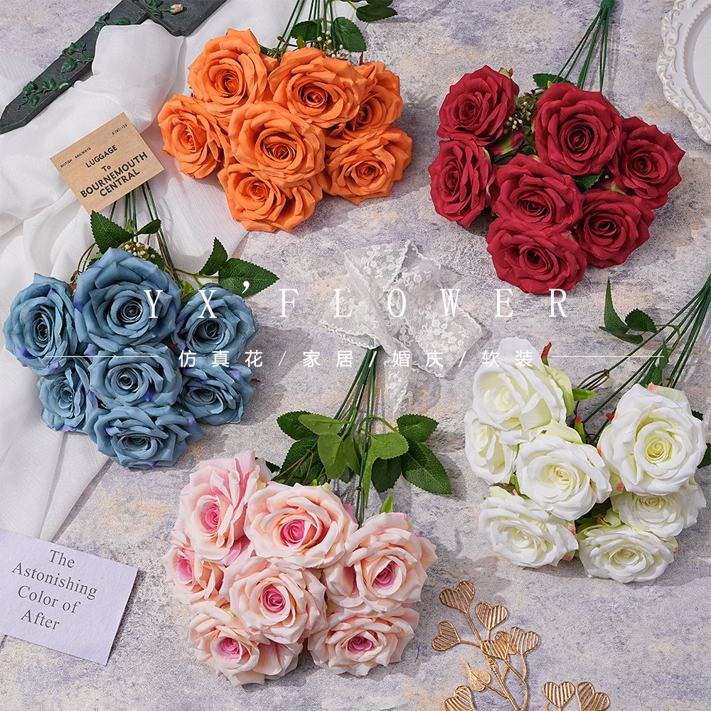 New wedding silk flower 7 roses bunched flannel horn rose wedding materials cross-border trade shooting props