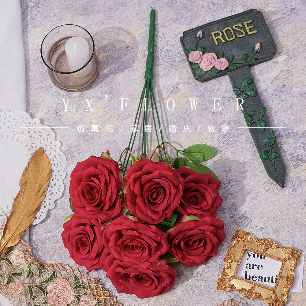 New wedding silk flower 7 roses bunched flannel horn rose wedding materials cross-border trade shooting props