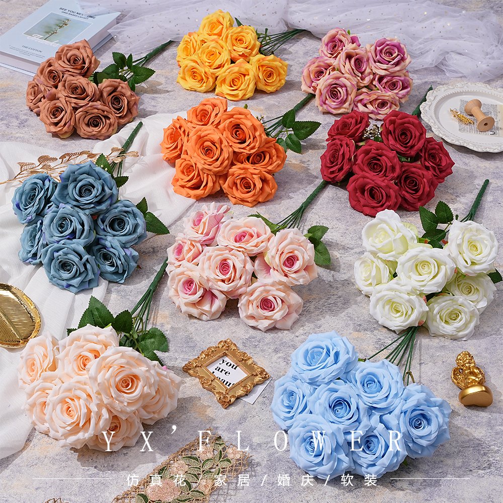 New wedding silk flower 7 roses bunched flannel horn rose wedding materials cross-border trade shooting props