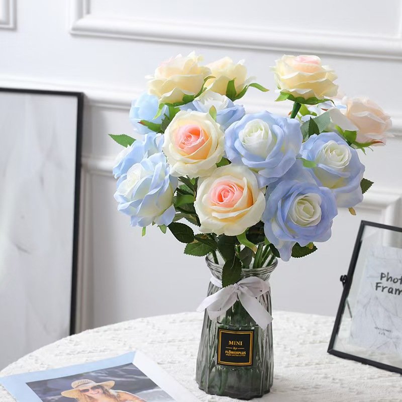 Artificial bouquet of roses crushed ice blue silk flowers for wedding decoration