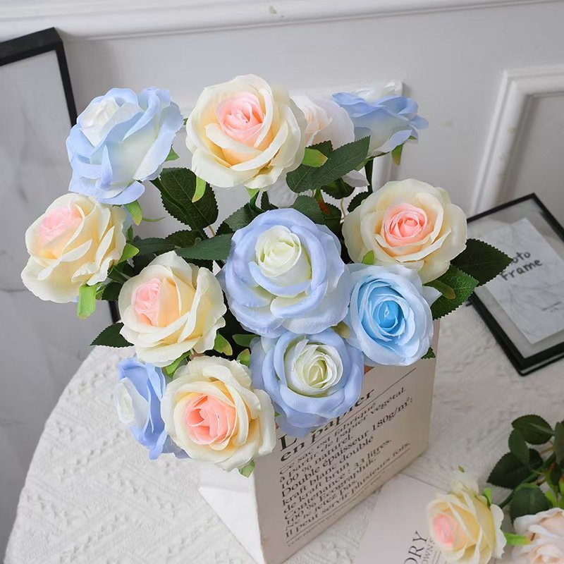 Artificial bouquet of roses crushed ice blue silk flowers for wedding decoration