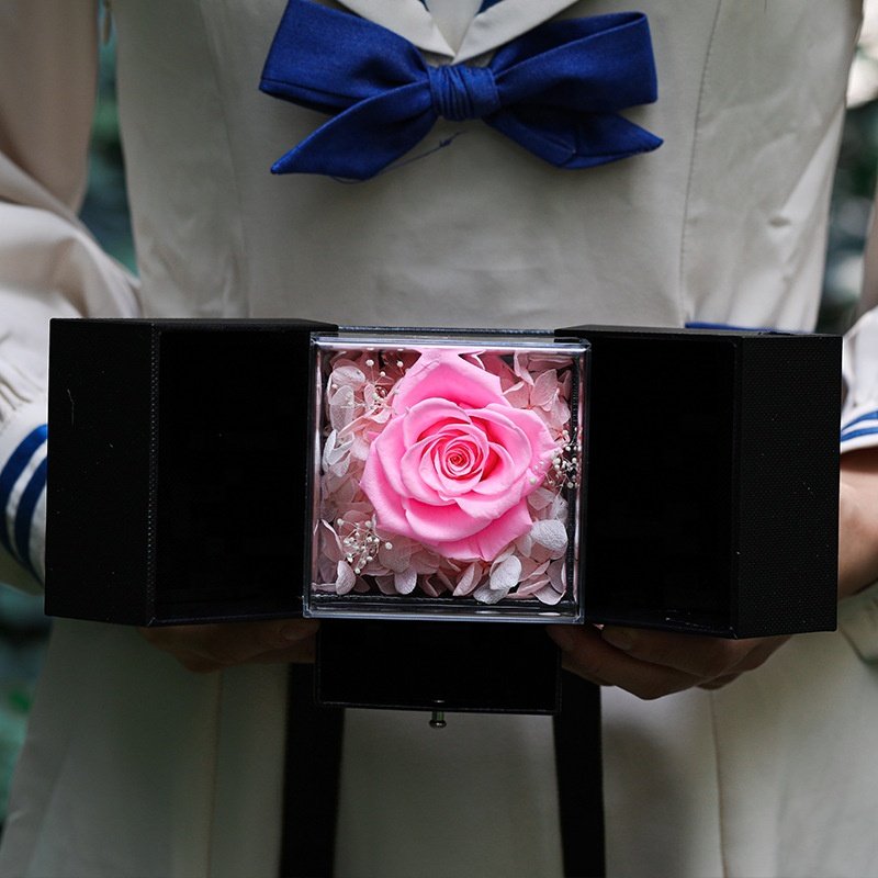Flip Box Blue Black Decorative Flowers Eternal Forever Dried Flowers Preserved Rose Jewelry Box for Valentine Gift Present