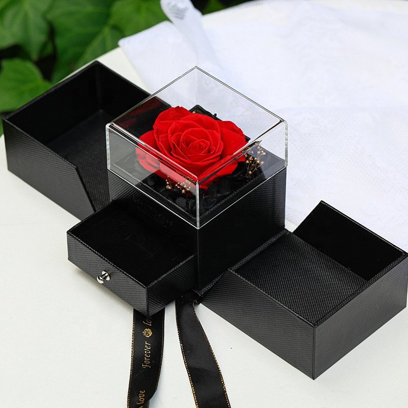 Flip Box Blue Black Decorative Flowers Eternal Forever Dried Flowers Preserved Rose Jewelry Box for Valentine Gift Present