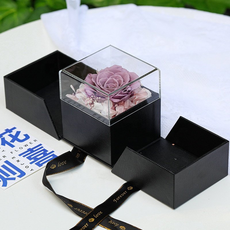 Flip Box Blue Black Decorative Flowers Eternal Forever Dried Flowers Preserved Rose Jewelry Box for Valentine Gift Present