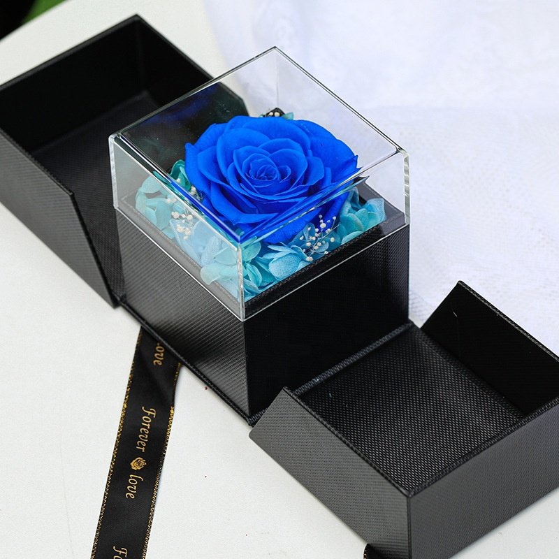 Flip Box Blue Black Decorative Flowers Eternal Forever Dried Flowers Preserved Rose Jewelry Box for Valentine Gift Present