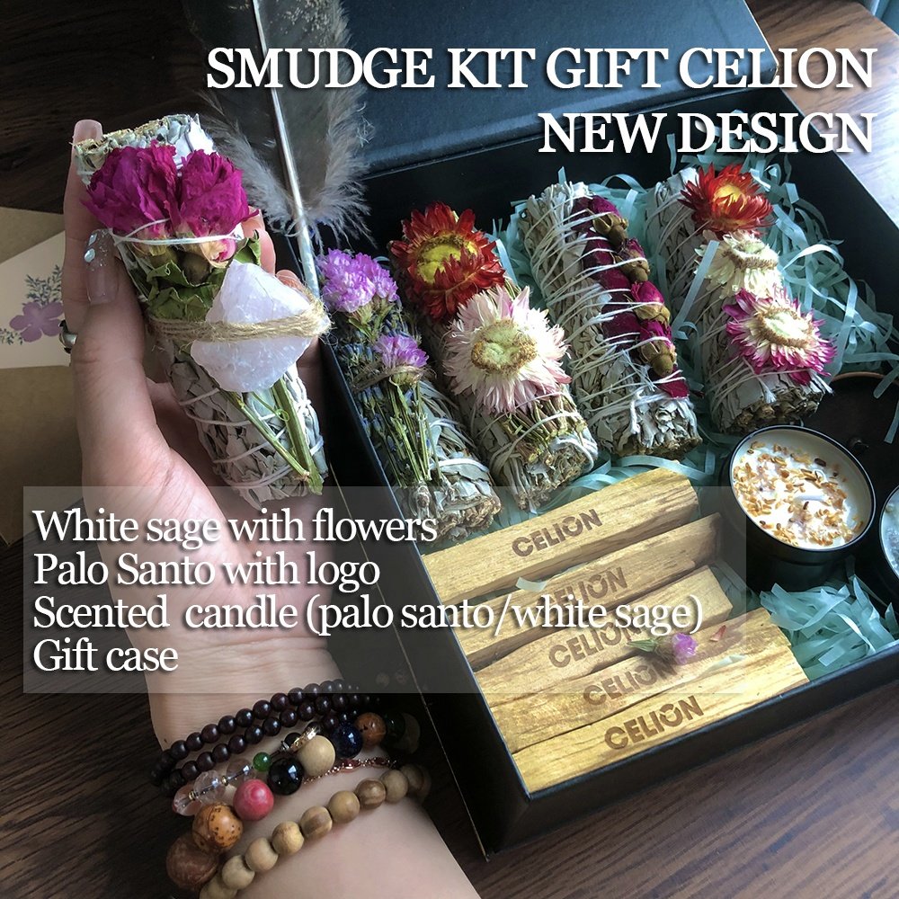 CELION White Sage Bundles Dried Herbs Flower For Smudging Natural Sage Floral Sticks Spiritual Cleansing Rose Sage Smudge Kit