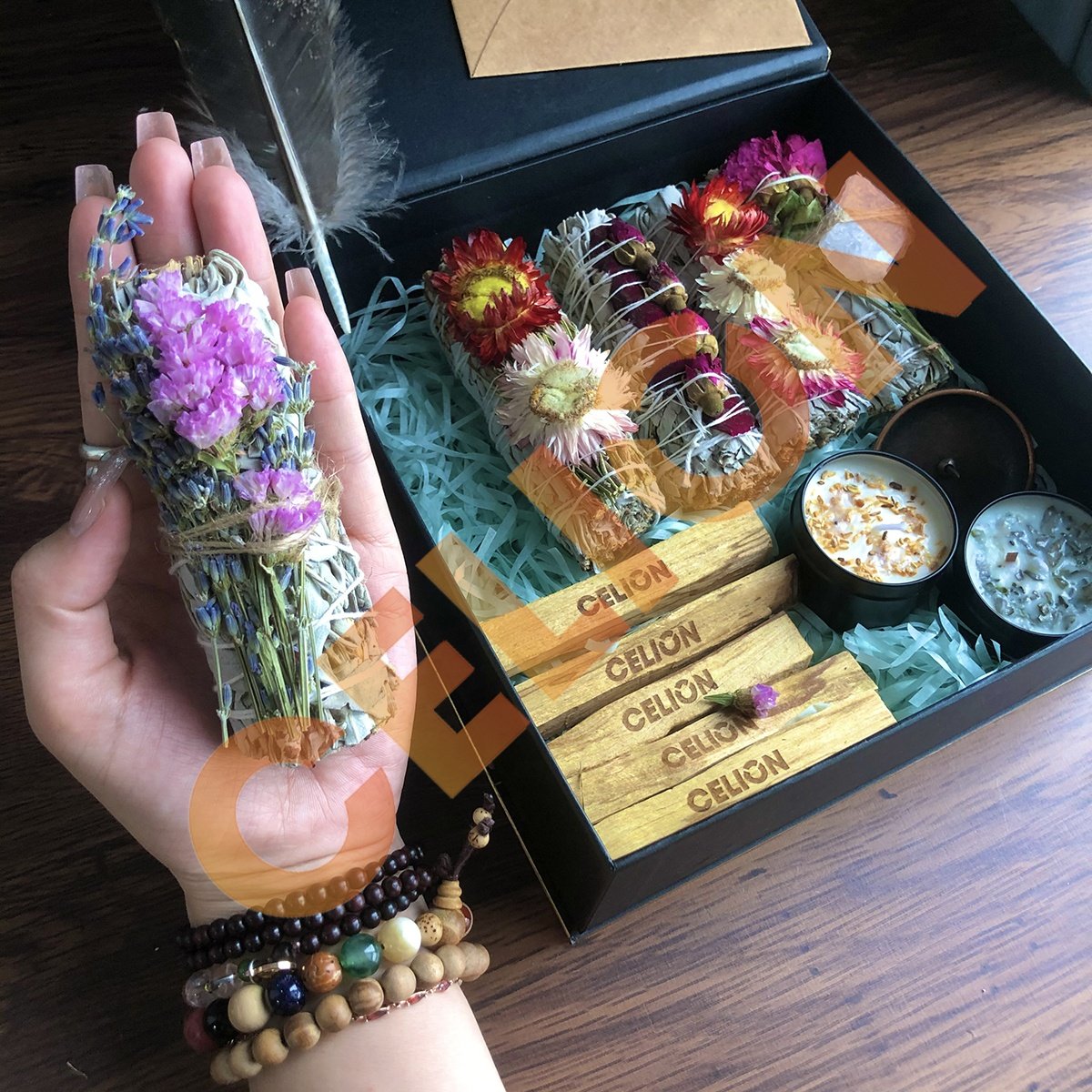 CELION White Sage Bundles Dried Herbs Flower For Smudging Natural Sage Floral Sticks Spiritual Cleansing Rose Sage Smudge Kit