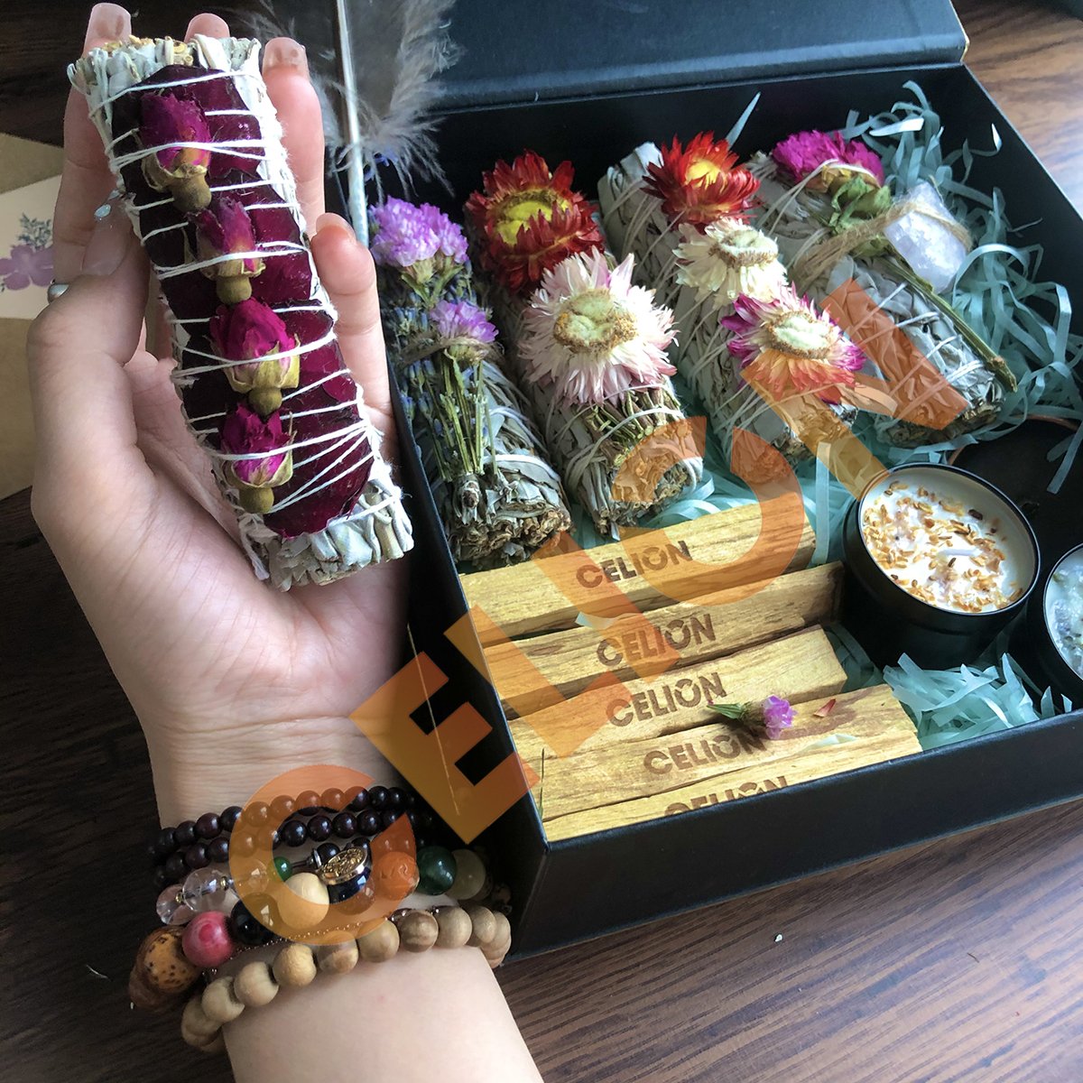 CELION White Sage Bundles Dried Herbs Flower For Smudging Natural Sage Floral Sticks Spiritual Cleansing Rose Sage Smudge Kit
