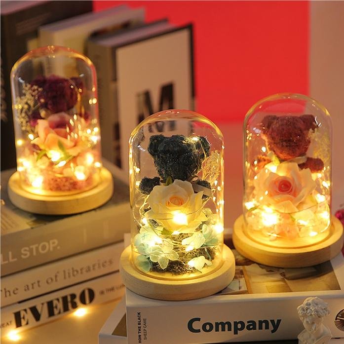 2024 Hot Sale Eternal Life Flower Glass Cover Gift Box Creative Valentine's Day Gift Moss Bear Rose Dried Bouquet