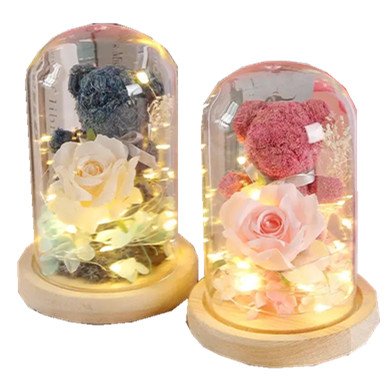2024 Hot Sale Eternal Life Flower Glass Cover Gift Box Creative Valentine's Day Gift Moss Bear Rose Dried Bouquet
