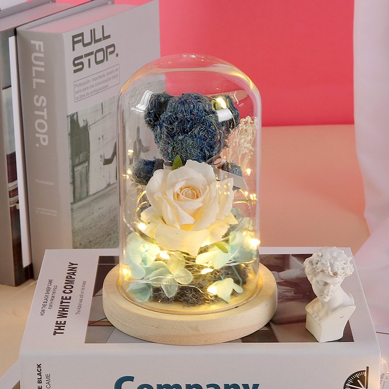 2024 Hot Sale Eternal Life Flower Glass Cover Gift Box Creative Valentine's Day Gift Moss Bear Rose Dried Bouquet