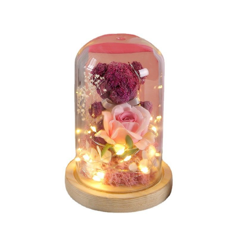 2024 Hot Sale Eternal Life Flower Glass Cover Gift Box Creative Valentine's Day Gift Moss Bear Rose Dried Bouquet