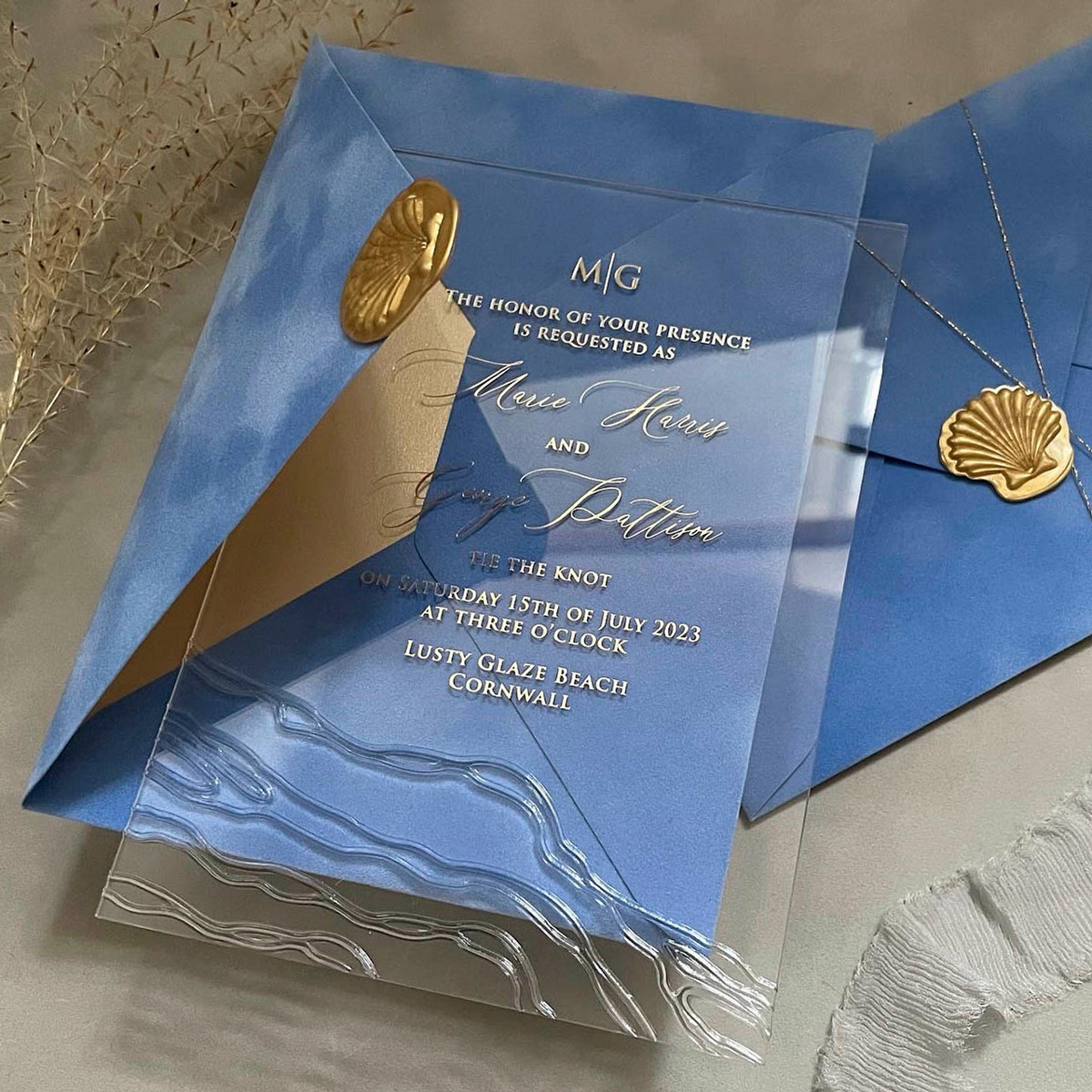 Luxurious foilage navy blue and gold Glass card marriage acrylic cover with velvet envelope Wedding Invitations