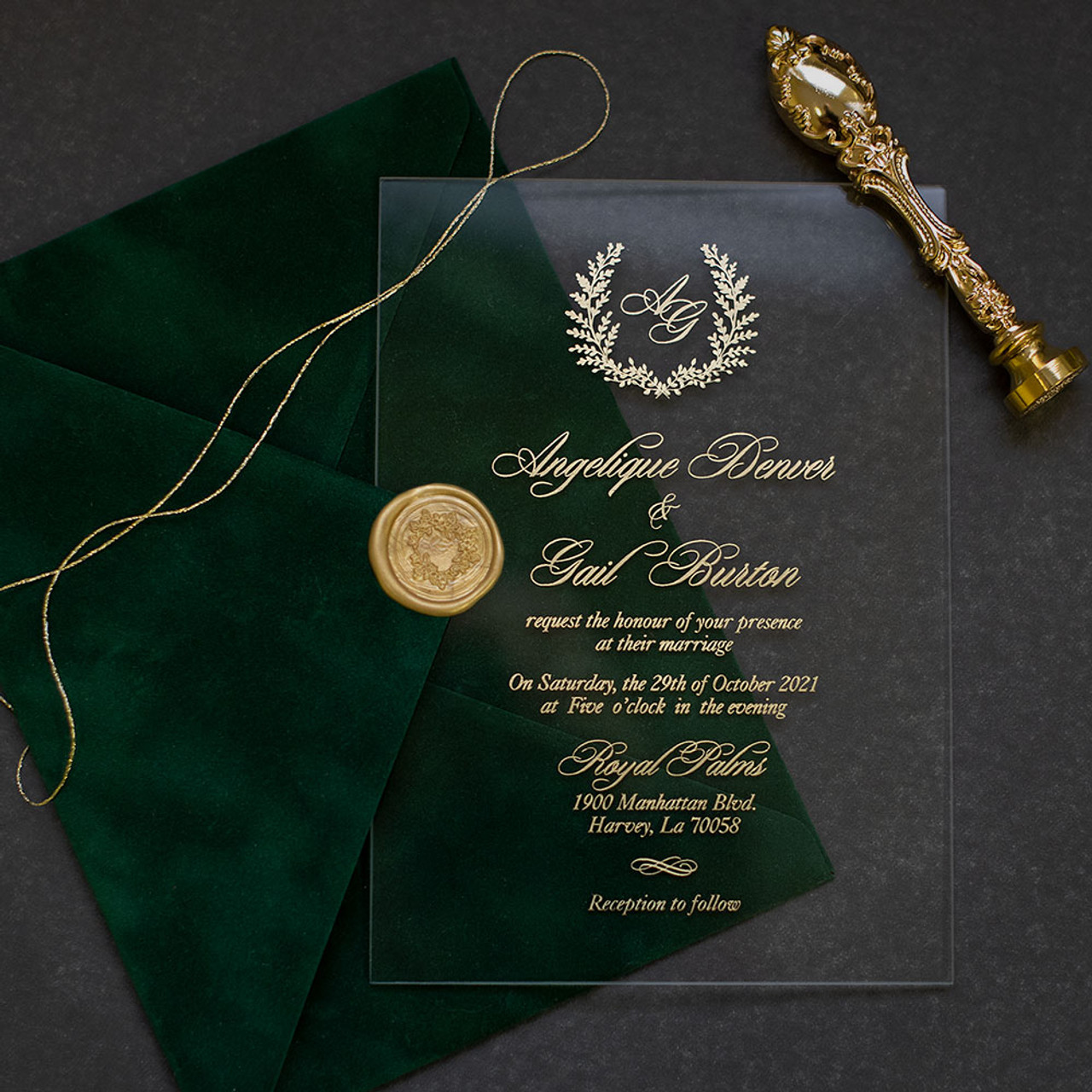 Luxurious foilage navy blue and gold Glass card marriage acrylic cover with velvet envelope Wedding Invitations