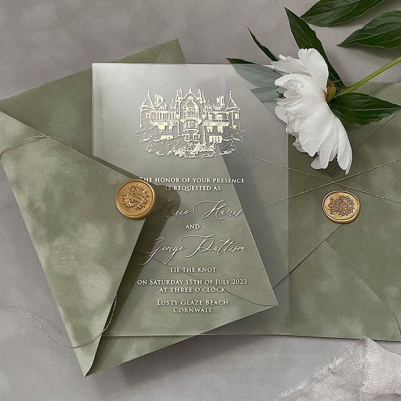 Luxurious foilage navy blue and gold Glass card marriage acrylic cover with velvet envelope Wedding Invitations