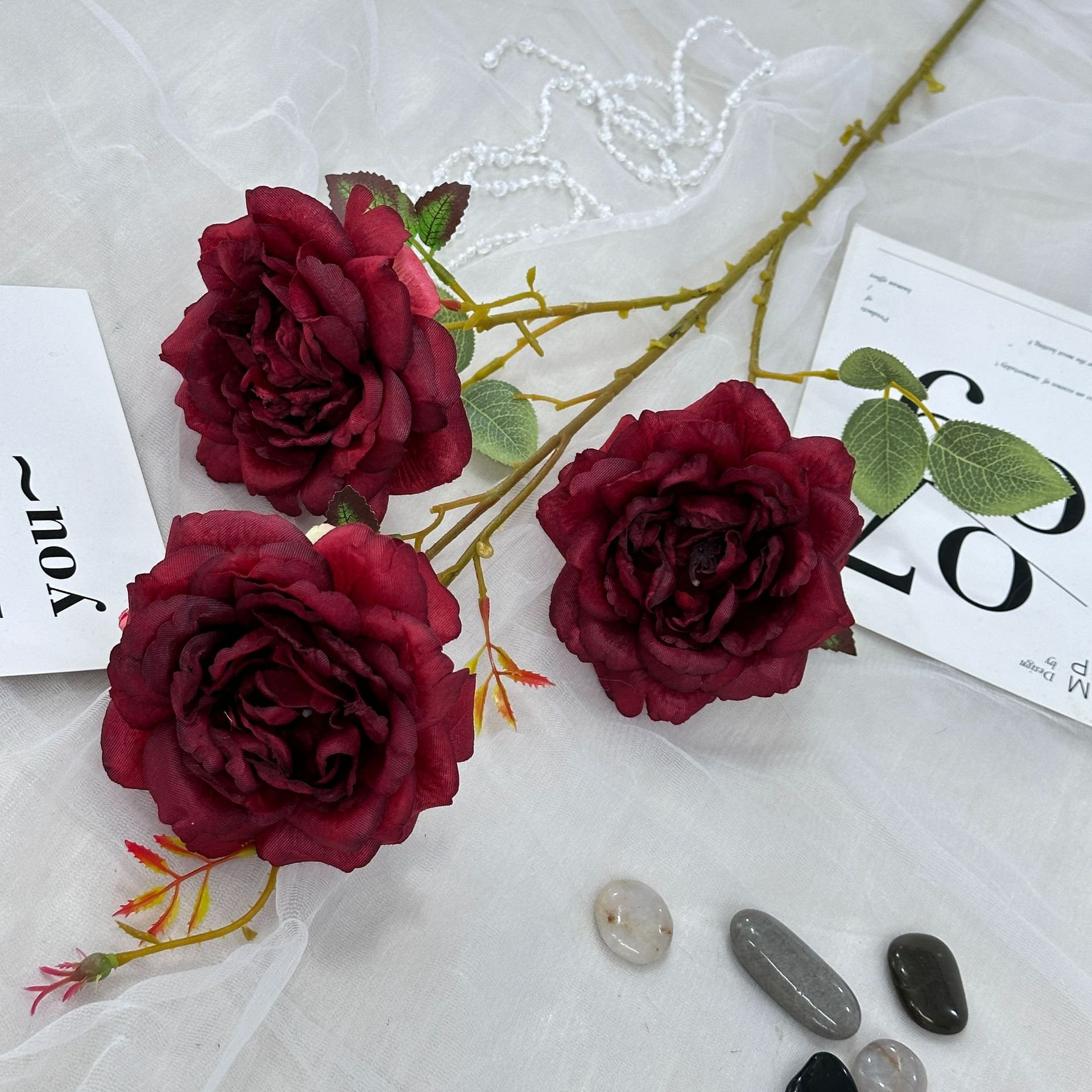 High quality bulk buy long branch Silk Chinese Rose Dried flowers plants faux rose for home decor party events supplies