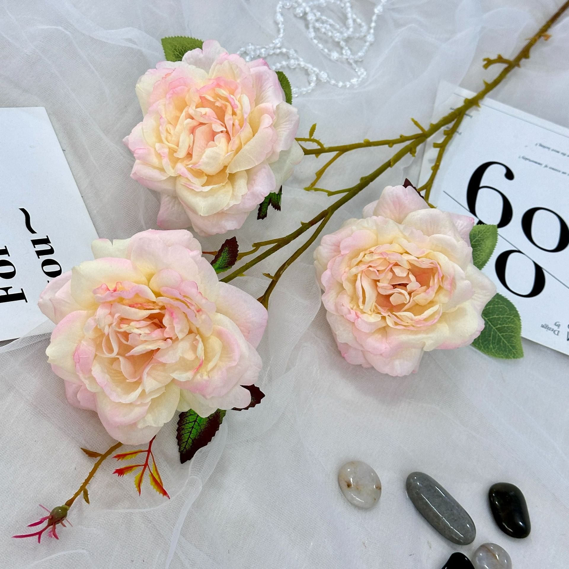 High quality bulk buy long branch Silk Chinese Rose Dried flowers plants faux rose for home decor party events supplies