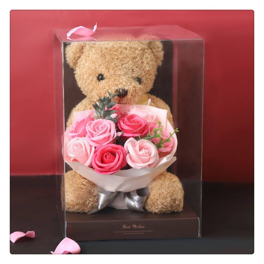 For girlfriend surprise wholesale bear flower bouquet soap flower rose valentine mother's Day teddy bear with gift boxes