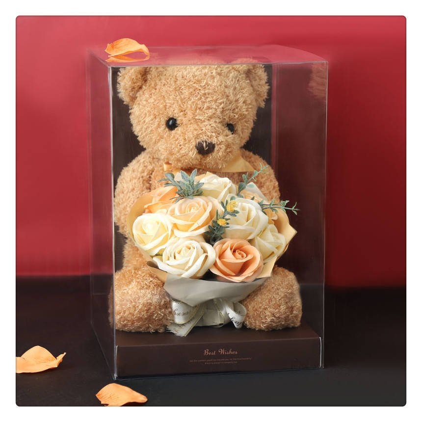 For girlfriend surprise wholesale bear flower bouquet soap flower rose valentine mother's Day teddy bear with gift boxes