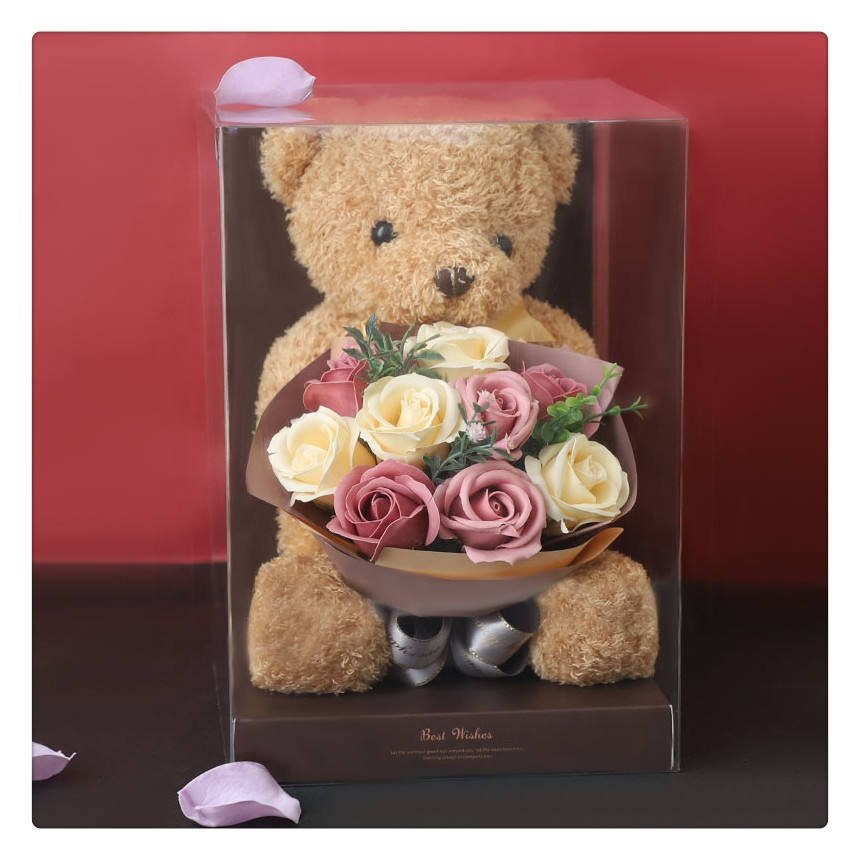 For girlfriend surprise wholesale bear flower bouquet soap flower rose valentine mother's Day teddy bear with gift boxes