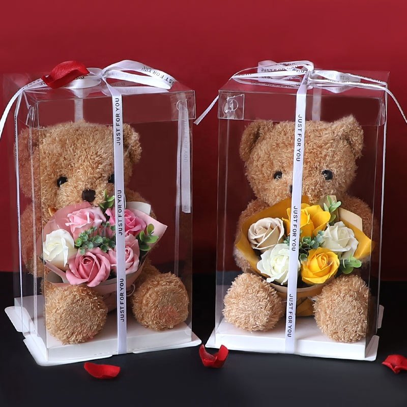 For girlfriend surprise wholesale bear flower bouquet soap flower rose valentine mother's Day teddy bear with gift boxes