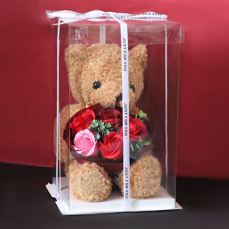 For girlfriend surprise wholesale bear flower bouquet soap flower rose valentine mother's Day teddy bear with gift boxes